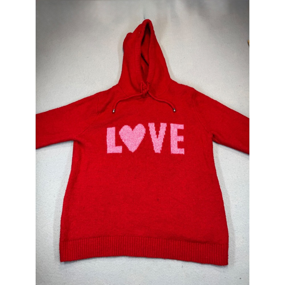 Cupcakes and Cashmere Red Love Heart Graphic Hooded Sweater Womens Medium